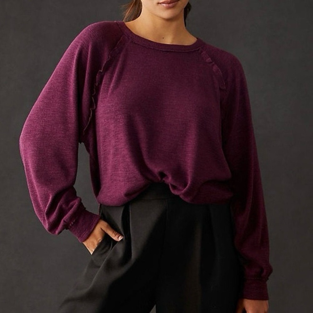 Anthropologie Pilcro Soft Knit Raglan Pullover Top Plum/Burgundy Ruffle Size M